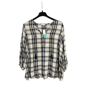 Stitch Fix Skies Are Blue Curvy Womens 2X Plaid Split Neck Top Tassel Ties New